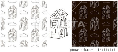 Monochrome houses. Set city seamless patterns 124115141