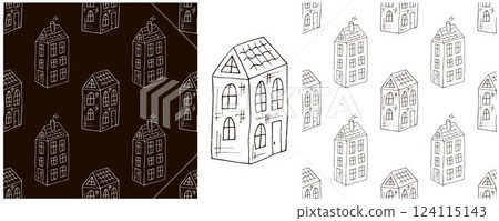 Monochrome houses. Set city seamless patterns 124115143