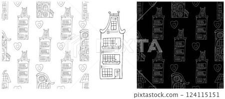 Monochrome houses. Set city seamless patterns Monochrome houses. Set city seamless patterns 124115151
