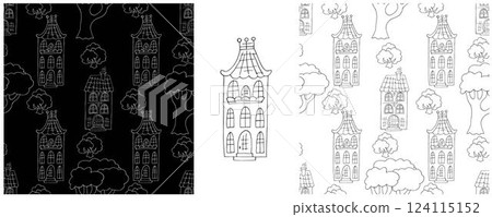Monochrome houses. Set city seamless patterns Monochrome houses. Set city seamless patterns 124115152