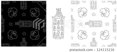 Monochrome houses. Set city seamless patterns Monochrome houses. Set city seamless patterns 124115216