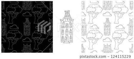 Monochrome houses. Set city seamless patterns Monochrome houses. Set city seamless patterns 124115229