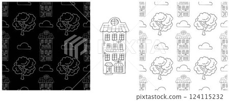 Monochrome houses. Set city seamless patterns 124115232