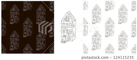 Monochrome houses. Set city seamless patterns 124115235