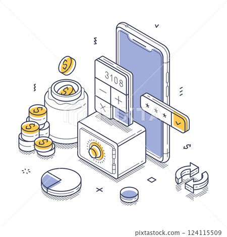 Exploring online banking through an isometric line art illustration of financial interactions Exploring online banking through an isometric line art illustration of financial interactions 124115509