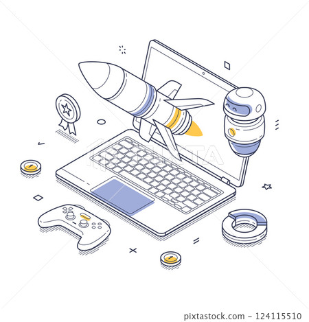 Illustrative design of online gaming elements with rocket and controller in isometric view Illustrative design of online gaming elements with rocket and controller in isometric view 124115510