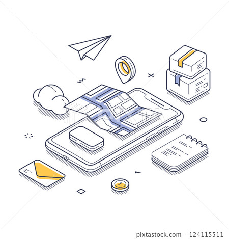 Isometric line art illustration of a delivery service using a mobile app for tracking packages Isometric line art illustration of a delivery service using a mobile app for tracking packages 124115511