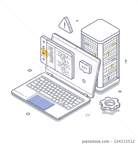 Server maintenance is illustrated in isometric line art style with laptop and server configuration Server maintenance is illustrated in isometric line art style with laptop and server configuration 124115512