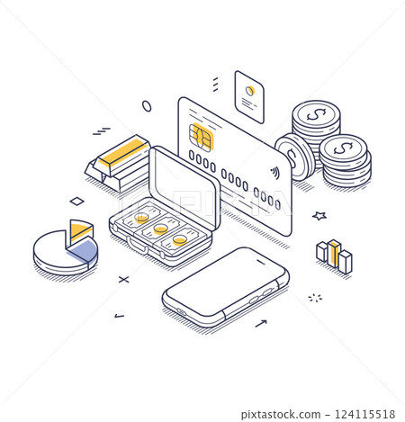 Illustration of online deposits with vector elements and isometric line art design Illustration of online deposits with vector elements and isometric line art design 124115518