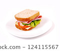 Healthy ham sandwich with cheese, tomatoes on white background 124115567