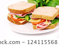 Healthy ham sandwich with cheese, tomatoes on white background 124115568