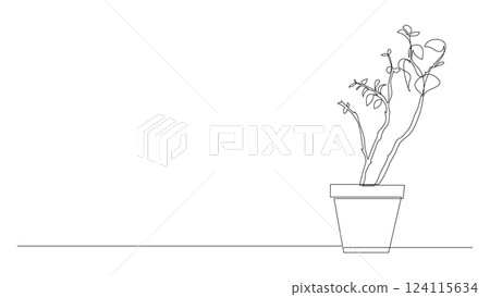 Plant in a pot continuous line drawing, trendy one line art vector illustration. Plant in a pot continuous line drawing, trendy one line art vector illustration. 124115634