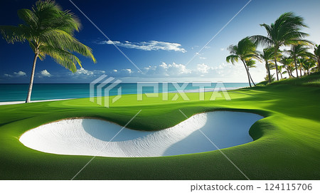 Elegant Golf Course at Cap Cana, Featuring Sand Traps, Palm Trees, and Ocean Views 124115706