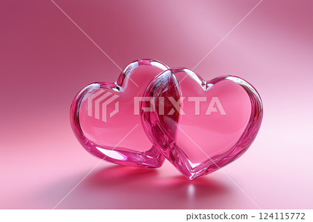 Two Pink Glass Hearts Resting Elegantly on a Soft Pink Background 124115772