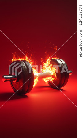 Dumbbell Made Of Fire With Dramatic Lighting Against Red Background 124115773