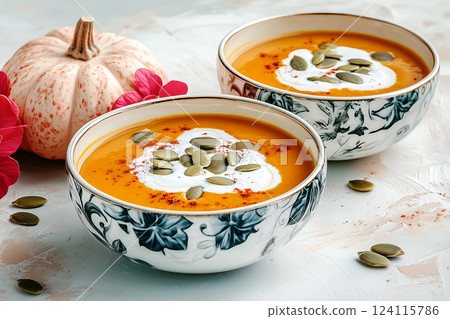 Traditional Pumpkin Soup in Stylish Bowls with Sour Cream and Toasted Seeds Traditional Pumpkin Soup in Stylish Bowls with Sour Cream and Toasted Seeds 124115786