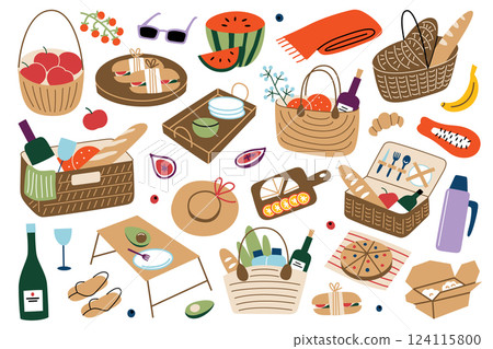 Picnic baskets with food, serving trays, set of wooden boards for outdoor dining. Fruits, cheese, wine, sandwiches, summer accessories icons collection. Picnic vector illustration, spring doodles 124115800