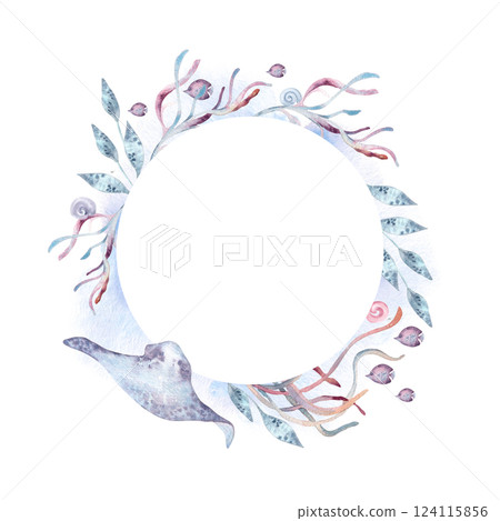Pink seaweeds and blue stingray aquatic monochrome circle frame watercolor isolated white background. Ocean creatures life wreath. Stingray and fishes in soft dusty tones hand drawn undersea frame. Pink seaweeds and blue stingray aquatic monochrome circle frame watercolor isolated white background. Ocean creatures life wreath. Stingray and fishes in soft dusty tones hand drawn undersea frame. 124115856