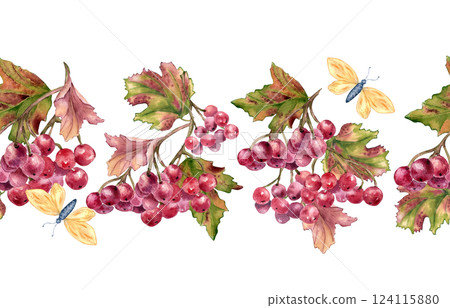 Viburnum berries on tree branches and butterflies watercolor seamless border isolated. Colorful autumn repeat texture with leaves hand drawn for seasonal background, packaging, and cottagecore decor. 124115880