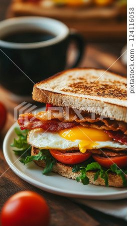 Egg And Bacon Sandwich On Toast With Coffee And Salad, Cozy Breakfast Scene 124116058