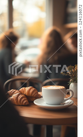 Cozy Cafe Scene With Coffee And Croissants On Table, Soft Natural Light, Boho Style 124116072