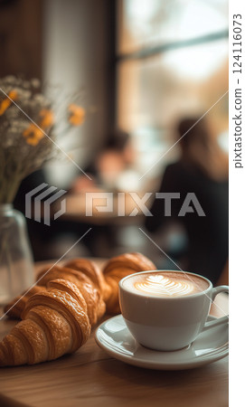 Cozy Cafe with Coffee and Croissants in a Minimalist Boho Style Cozy Cafe with Coffee and Croissants in a Minimalist Boho Style 124116073