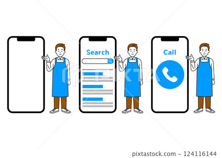 一組大型智慧型手機和一個穿著圍裙的男人 124116144