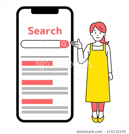 A woman in an apron holding a smartphone with a search screen displayed A woman in an apron holding a smartphone with a search screen displayed 124116145