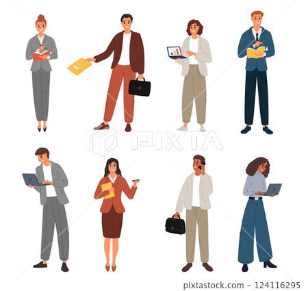 Business men and women. Office workers. Employees holding document folders, briefcases and laptops. Businessman clothing. Standing managers. Confident young persons. Vector people set 124116295