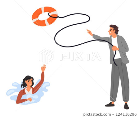 Business support and assistance. Man throwing lifebuoy to drowning woman in water. Urgent help or cooperation. Economy crisis. Businessman survival. People partnership. Vector concept Business support and assistance. Man throwing lifebuoy to drowning woman in water. Urgent help or cooperation. Economy crisis. Businessman survival. People partnership. Vector concept 124116296