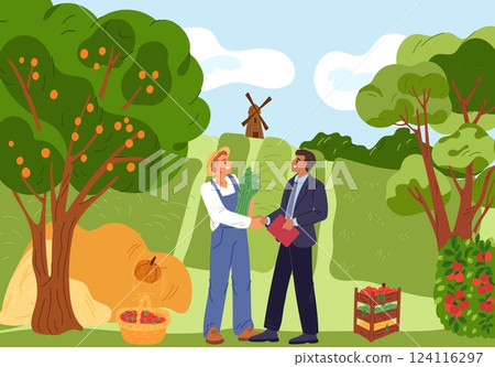 Businessman and farmer. Agriculture worker growing organic fruit and vegetables. Gardener and investor concluding contract. Natural food supply agreement. People handshake. Vector concept 124116297