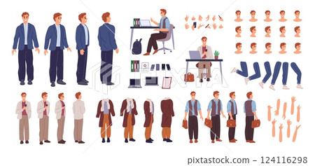 Businessman character kit. Cartoon man constructor. Office formal wear. Different gadgets and male accessories. Guy at computer desk. Various hands and feet positions. Garish vector set 124116298