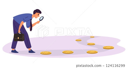 Businessman exploring money trail. Man looking through at gold coins. Financial detective search. Person following to cash track. Finance pursuit. Bait for greed guy. Vector concept Businessman exploring money trail. Man looking through at gold coins. Financial detective search. Person following to cash track. Finance pursuit. Bait for greed guy. Vector concept 124116299