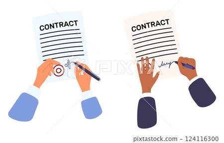 Businessman signing contract. Business agreement paper top view. Document sheet with signature and seal. Hands write with pens. Partnership deal conclusion. Partners arms. Vector concept Businessman signing contract. Business agreement paper top view. Document sheet with signature and seal. Hands write with pens. Partnership deal conclusion. Partners arms. Vector concept 124116300