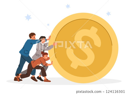Businessmen pushing coin. Big gold money. Group of people rolling dollar. Financial investment. Business team earning finance. Teamwork success. Employees work together. Vector concept 124116301