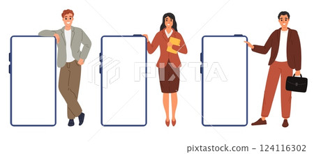 Businesspeople holding big smartphones. Phone blank screen. People showing mobile touchscreen. Telephone app display. Cellphone application. Technology for businessman. Vector concept 124116302