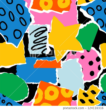 Color paper cut pieces. Patterned parts of cardboard. Torn fragments. Scrapbooking collage shapes. Kids hobby and creativity. Abstract doodle stickers. Garish vector seamless background Color paper cut pieces. Patterned parts of cardboard. Torn fragments. Scrapbooking collage shapes. Kids hobby and creativity. Abstract doodle stickers. Garish vector seamless background 124116316