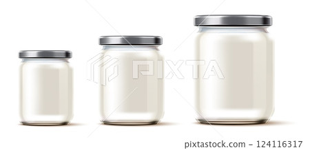 Glass jars with lids. 3D containers. Food preservation. Yogurt white pots with screw cap. Glassware can for pickle. Realistic packaging mockup. Mayonnaise pack. Vector packages set 124116317