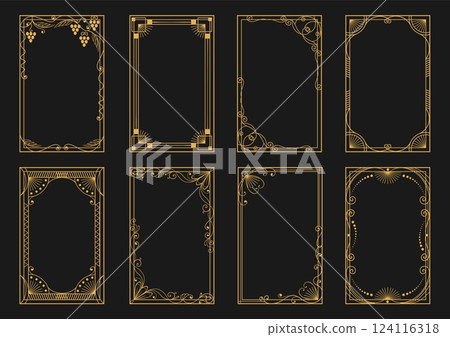 Golden art deco frames. Luxury decorative design elements. Geometric and plant parts. Modern card borders. Victorian ornament. Line gold framework. Floral flourish. Splendid vector set 124116318