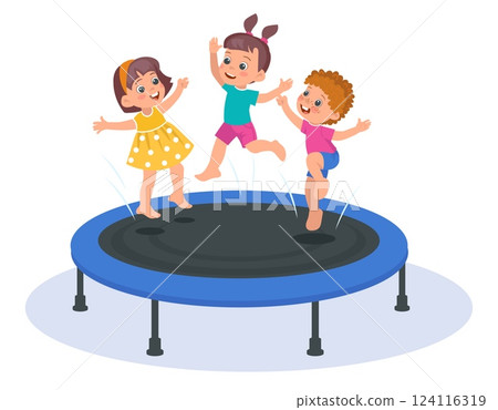 Joyful children jumping on trampoline. Kids bouncing and leaping. Girl and boy trampolining. Amusement park. Fun exercises. Playground active leisure. Friends play game. Vector concept 124116319