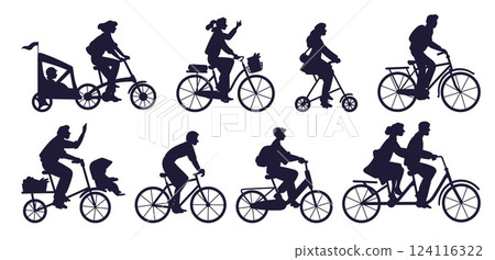 People on bicycles. Man and woman ride on bikes. Bicyclist black silhouettes. City transportation. Cycle stroller trailer for kids. Person baking in park. Cycling friends vector set 124116322