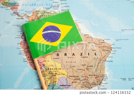 Bangkok, Thailand  November, 2025 Brazil flag on world map. 124116332
