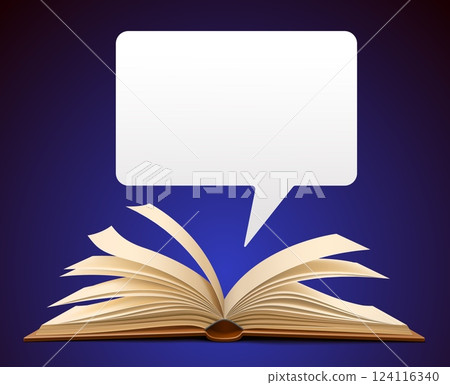 Unfolded book with speech patch. Reading literature. Textbook opening. Paper pages. Blank bubble. Encyclopedia studying. Fiction novel sheets. Educational dictionary. Vector concept 124116340