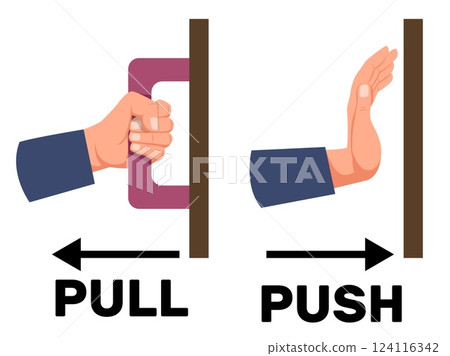 Ways to open door. Push or pull doorknob. Hand motion direction arrow. Graphic note for entrance. Doorway slam. Sign label. Instruction information. Attention message vector stickers set Ways to open door. Push or pull doorknob. Hand motion direction arrow. Graphic note for entrance. Doorway slam. Sign label. Instruction information. Attention message vector stickers set 124116342