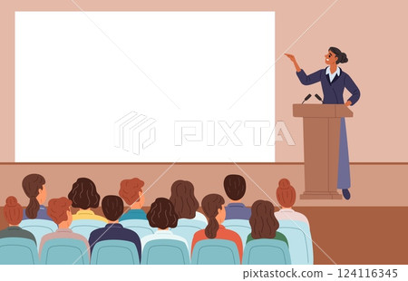 Woman lecturer speaks people on stage. Professor at tribune. University seminar. School education. Teacher standing in front of students audience. Academic auditorium. Vector concept Woman lecturer speaks people on stage. Professor at tribune. University seminar. School education. Teacher standing in front of students audience. Academic auditorium. Vector concept 124116345