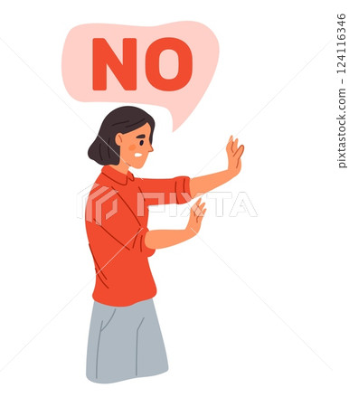 Woman with forbidding hands gesture. Rejection expression. Disagree and avoid. Stop palms. No speech bubble. Ban and decline pose. Displeased emotion. Disapprove answer. Vector concept 124116346