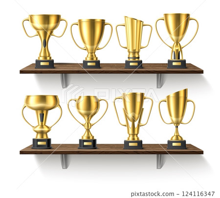 Wooden shelves with trophy cups. Golden glossy awards. 3D winner rewards on shelving. Interior rack at wall. First place. Championship achievement. Competition leader. Vector concept 124116347