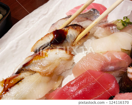 Eel nigiri sushi, plump eel nigiri Eel nigiri sushi, plump eel nigiri 124116370