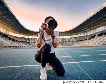 Professional female photographer taking photos at a sports stadium 124116387