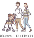 Illustration of a couple walking with a baby pushing a stroller 124116414
